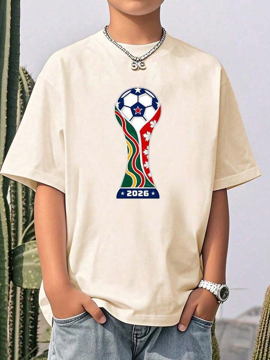 Boys' Short Sleeve Cotton T-Shirt With 2026 World Cup Trophy And Flag Print, For World Cup Matches/Daily Fan Wear WEOH - 灰色 - 查看 1