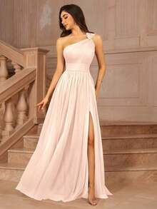 MOEVIO Vestido formal largo para dama de honor, invitada de boda, evento, verano, San Valentín, cumpleaños, con cuello cruzado asimétrico de un hombro, espalda descubierta, falda de tul en línea A, para mujeres, otoño, regreso a clases, fiesta de bienvenida, cumpleaños, primavera - Rosa - Ver 3