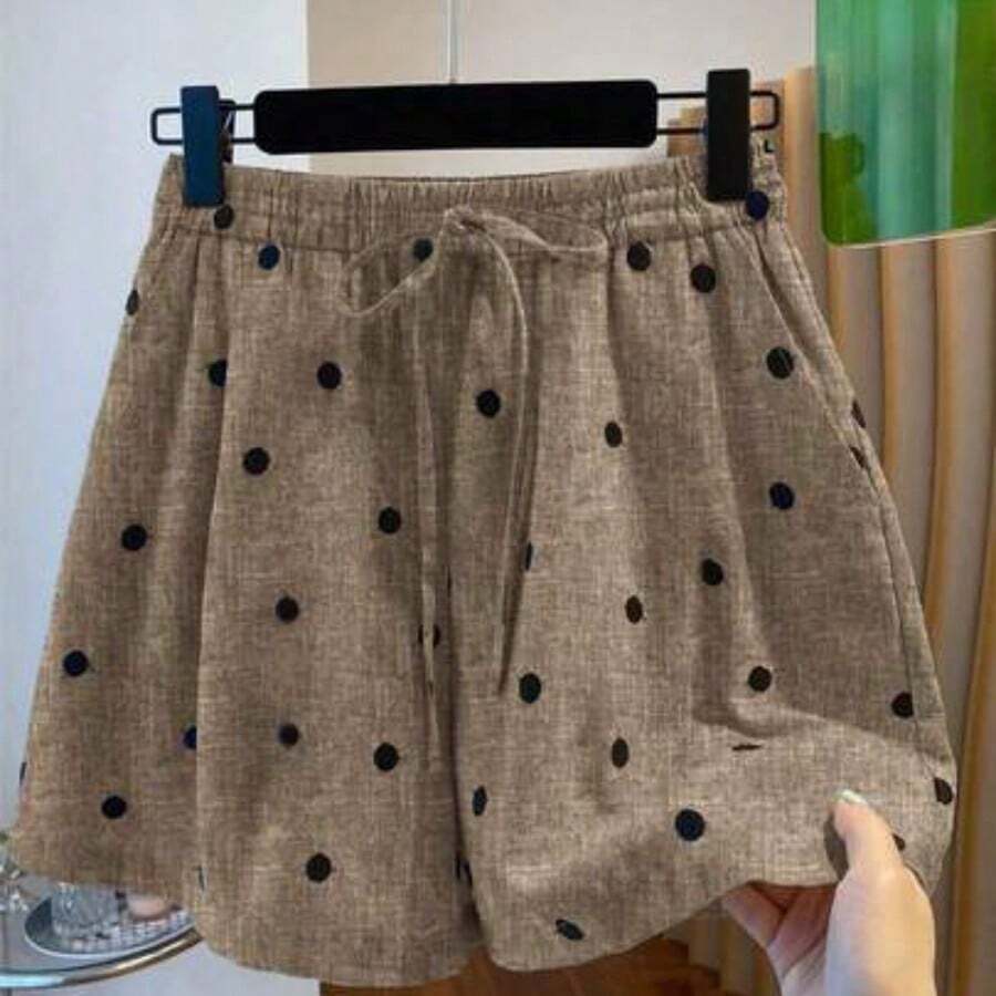 guang zhou mi qian shang mao Everyssa Pantalones cortos de verano de moda, elegantes y casuales con estampado de lunares franceses, con bolsillos, cintura elástica y lazo para mujeres - Café integral - Ver 1