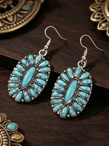 1 Đôi bông tai kiểu phương Tây đính đá ngọc lam tổng hợp, chất liệu hợp kim kẽm, dành cho nữ - Bạc - Xem 5