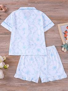 Bộ đồ ngủ ngắn tay in hình vỏ sò cho trẻ em (2 món), áo ngắn tay và quần short viền bèo, họa tiết hoạt hình vỏ sò, sao biển, thích hợp cho trẻ em và thanh thiếu niên mặc hàng ngày, đi chơi và ở nhà. - trắng - Xem 2