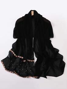1pc Rhinestone Embroidered Pearl Chiffon Scarf Pastoral Style Lace Trim Headscarf - Multicolor - View 7