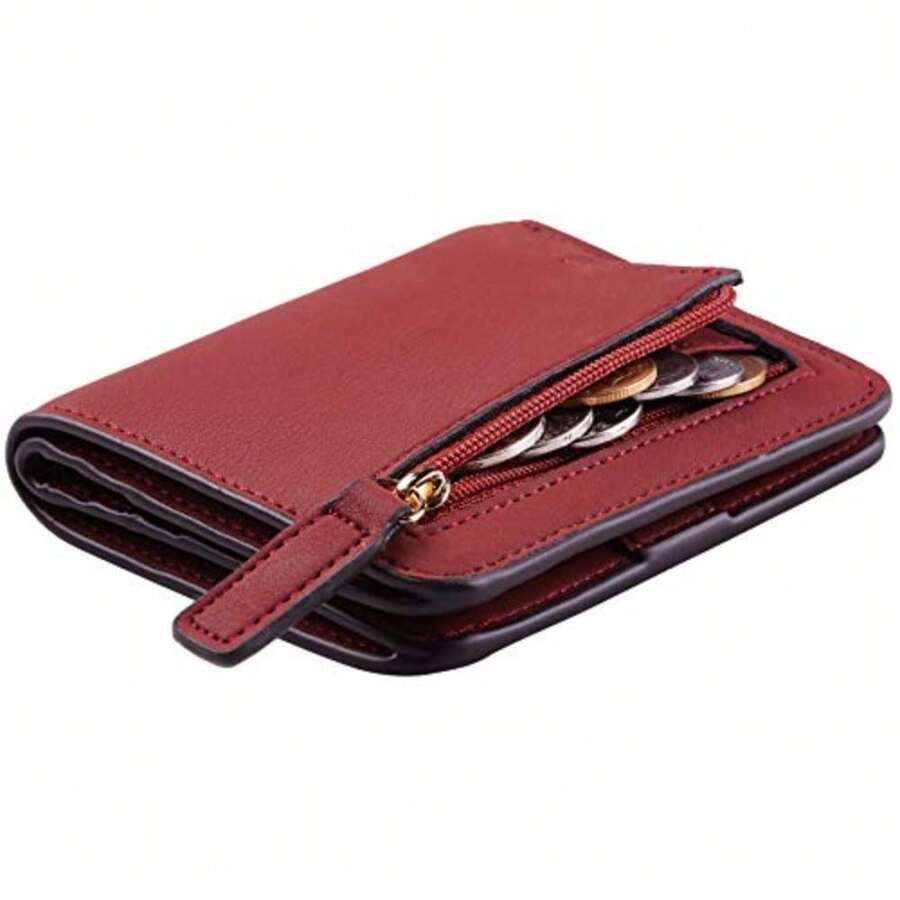 Toughergun Women's Small Slim Leather Wallet With RFID Protection, Compact Bifold Mini Purse With Clear ID Window - 11 雷納帕紅深 - 查看 1