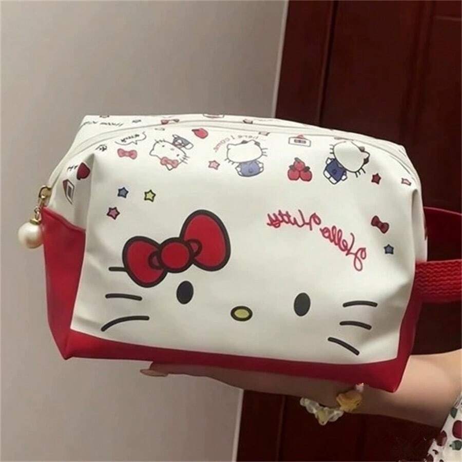 SANRIO 三麗鷗 Hello Kitty 女孩化妝包，便攜大容量旅行盥洗包，護膚品手提包，防水，旅行必需品，假期必備，化妝包，可用作女孩化妝包。學生文具。學生鉛筆盒。返校禮物。(輕微污漬可擦拭乾淨)