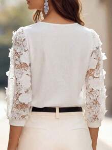 Blusa elegante con mangas bordadas y empalmadas - Blanco - Ver 2