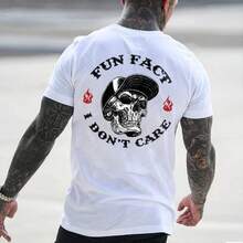 FUN FACT I DON'T CARE T-shirt da uomo con stampa teschio, maglietta casual in cotone alla moda, top classico streetwear - nero - Visualizzare 3