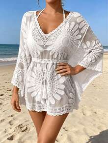 V-Neck Crochet Lace Cover Up, Sheer Mesh Fringe Tie Waist Beach Cover Up White Summer - White - View 3