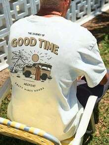 Men's Short Sleeve T-Shirt With Car And Letter Print - 白色 - 查看 4