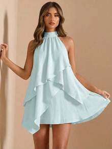 Vestido de línea A con escote halter y espalda descubierta de satén de unicolor amarillo/crema, adecuado para primavera/verano, vacaciones, boda elegante, fiesta, otoño/invierno, Navidad, Halloween - Marrón - Ver 10