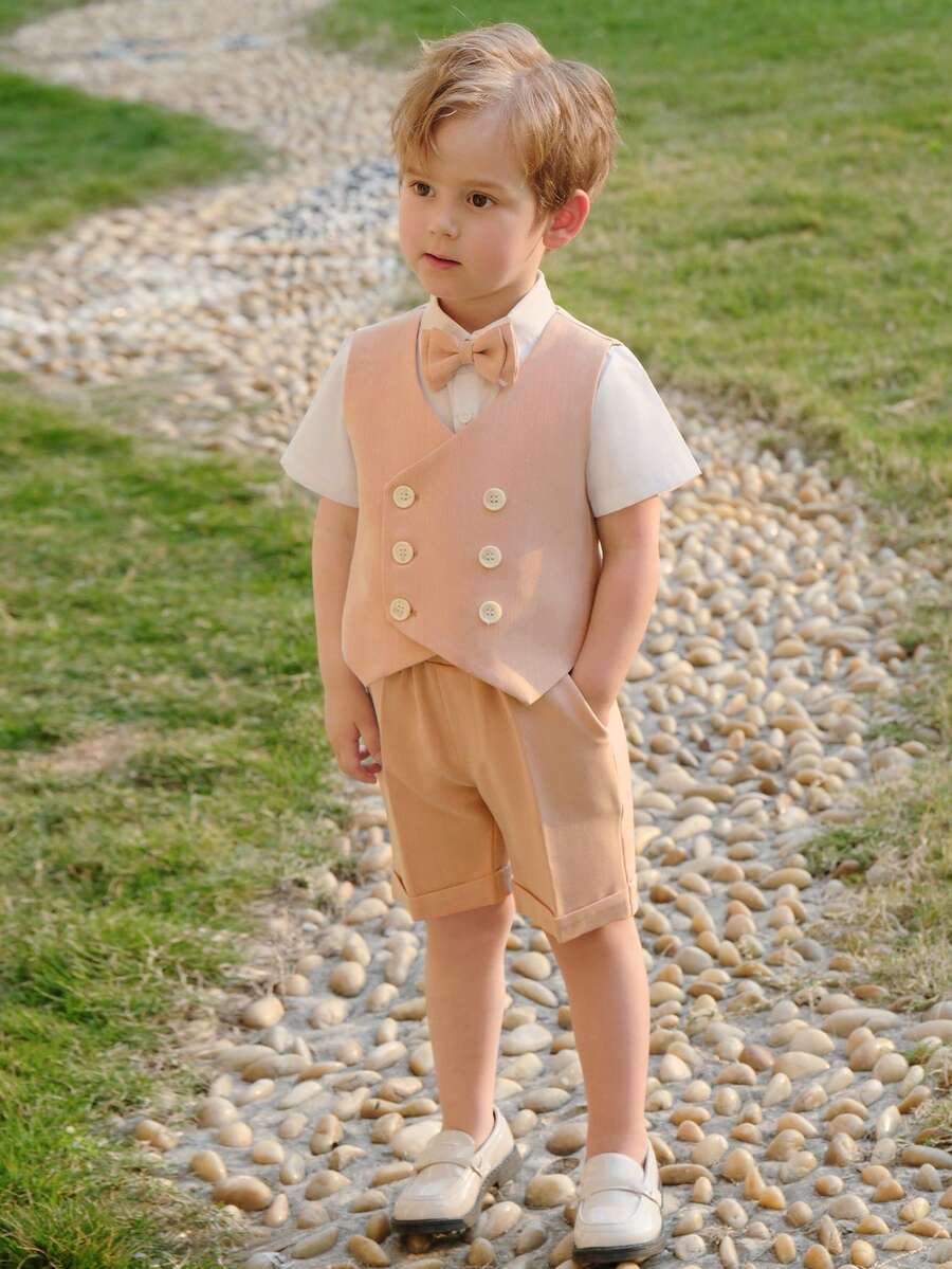 4pcs Boys' Formal Vest, Short Sleeve Shirt, Pants, Bow Tie Suit Set, Summer - Pink - View 1