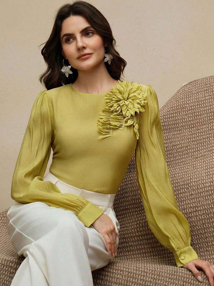 Top de manga larga con cuello redondo y decoración de flores 3D para mujer, para el verano - Verde - Ver 1