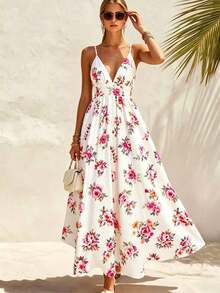 Vestido de mujer con cuello en V, estampado floral y tirantes de espagueti - Blanco - Ver 3