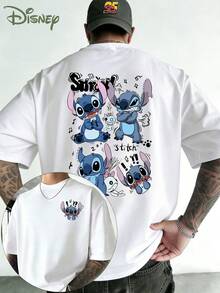 Disney Star Baby Stitch T-Shirt, Disney Stitch Multi-Emotion Print T-Shirt, Stitch Print Pattern Double-Sided Print Design T-Shirt, Men's Summer Short-Sleeve Top, High-Quality 100% Cotton Short-Sleeve T-Shirt, Summer Relaxed Breathable Casual Short-Sleeve Pack, Universal For Men And Women, A Must-Have For Disney Fans, Disneyland Travel Wear, Couples, Simple Casual Everyday Wear, Street Wear, Vacation Wear, Campus Wear - 白色 - 查看 1