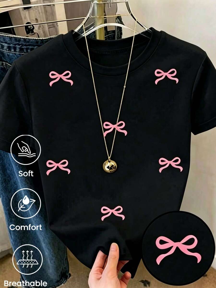 180 g Hecho en México, Moda Primavera/Verano 2026 Camiseta de manga corta, Estampado de dibujos animados, Estilo para parejas, Ropa interior/exterior, Cuello redondo informal para la oficina, Top unisex de una pieza - Negro - Ver 1