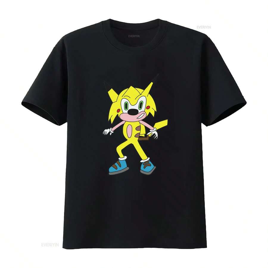 Sonichu T-Shirt For Girls, Boys, Friends, Family, Events, Novelty And Cool Design, Vintage Washed Style, Casual, Breathable, Graphic, Unisex - 黑色 - 查看 1