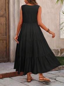 White Eyelet Embroidery Sleeveless Dress, V Neck Backless Lace Trim Casual Summer Dress For Women  Casual  Boho    Eyelet Embroidery    Vacation  Beach - 黑色 - 查看 4