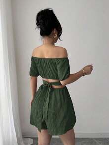 Mono informal de mujer casual para vacaciones con hombros descubiertos y lazo en la espalda - Verde - Ver 2