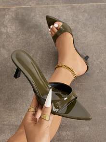 Giày sandal mule nữ bề mặt gương, eo thắt, mùa xuân/hè, đi hộp đêm tiệc tối tiệc chiêu đãi mua sắm hẹn hò đi làm sàn diễn sân khấu đám cưới ở nhà thường ngày, sandal cao gót gót nhọn mũi nhọn một quai eo thắt, chất liệu vải gương mềm cao cấp, xỏ chân, giày nữ màu xanh quân đội thanh lịch và tinh tế, sandal cao gót thời trang thanh lịch - xanh quân đội - Xem 2