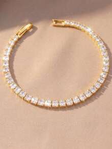 Pulsera de tenis con diamantes de imitación de varios tamaños, estilo hip-hop de lujo, base chapada en oro con diseño de "incrustación de diamantes cuadrados densos + estructura de cadena de tenis", combinando la vibra brillante del hip-hop con la sensación de joyería de lujo exquisita. Adecuada para estilo maduro, salidas diarias, estilismo de moda, reuniones casuales - Dorado - Ver 6
