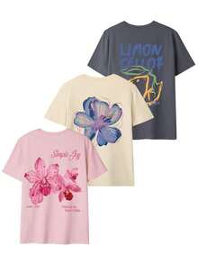 3 piezas/Set de camisetas de manga corta con cuello redondo y estampado floral, estilo casual de verano, modernas y versátiles para mujer, color rosa. - Gris Oscuro - Ver 3