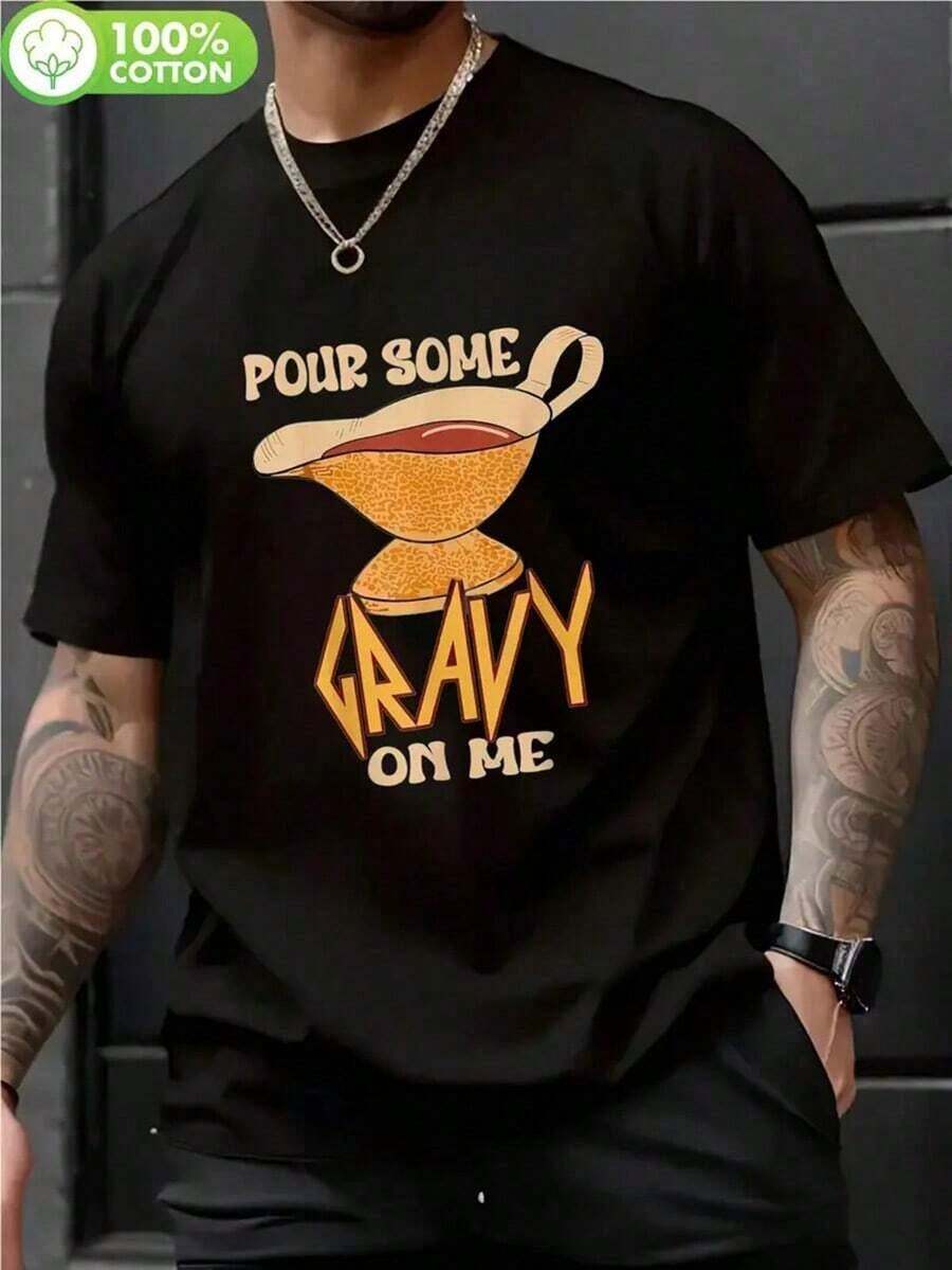 Men's Funny Thanksgiving Shirt - "Pour Some Gravy On Me" Graphic Tee - Soft Breathable Black T-Shirt For Turkey Day, Casual Holiday Party Outfit - Machine Washable Funny Thanksgiving Apparel For Men - Perfect Gift For Gravy Lovers! , Thanksgiving T Shirts, Festive Clothing, Playful Design, Durable Construction, Short Sleeve Top, Seasonal Celebration Attire, Comfortable Fit,Nightmare Before Christmas,Christmas,Halloween Costumes,Funny T Shirts,Summer Outfits,Thanksgiving Day,Men Graphic Tees,Streetwear Men - màu đen - Xem 1