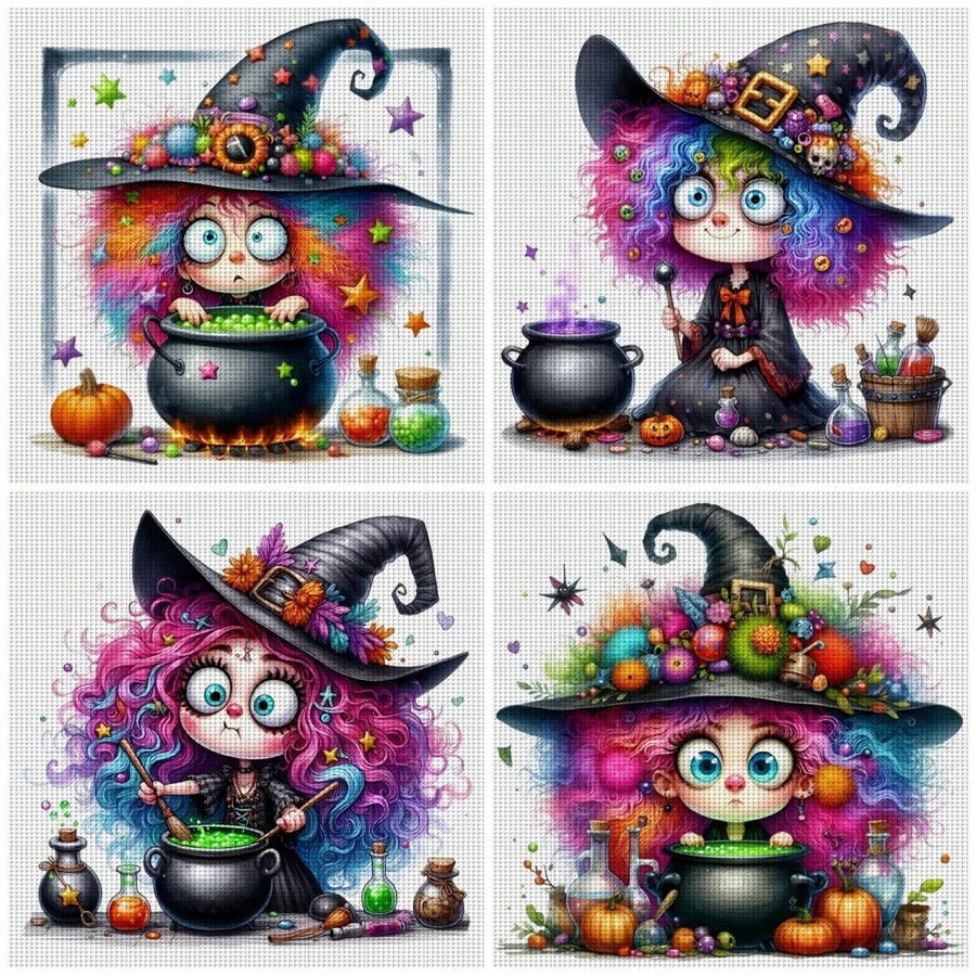 1 Set 36*36cm/14.17*14.17inch Fantasy Halloween Witch Cross Stitch Kit (Semi-Finished), DIY Art Needlework Materials, 11CT Cross Stitch Decorative Painting, Creative Handmade Gift. Complete Set Home Decor Printed Cross Stitch Craft, Suitable For Home Decor Knitting Art. Frame Not Included