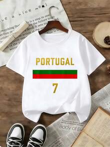 Portugal Short Sleeve Football Print Jersey Number 7, Sporty Style, Kids Fan Jersey, Summer Casual Clothes For Children - 白色 - 查看 6
