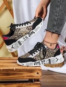 Leopard Print Star Lace-Up Unisex Thick Sole Sneakers, Dopamine Thick Sole Breathable Graffiti Sole Street Shoes, Suitable For Daily Wear And Party, Mother's Day And Christmas Gift - Black Leopard - View 2