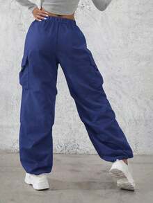 1pc Teen Girls' Loose Versatile Cargo Pants With Flap Pockets And Side Drawstring, Outdoor Style, Spring Summer Autumn Winter Back To School Season - Blue - View 6