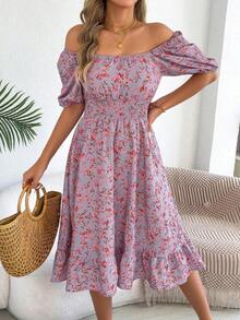 Women's Casual Vacation Elastic Drawstring Short Sleeve Ditsy Floral Dress, Spring/Summer Elegant - Mauve Purple - View 6