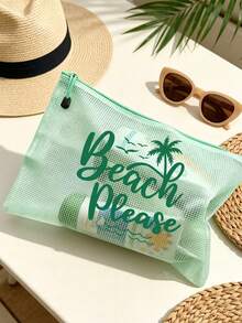 防水時尚沙灘包，印有「Beach Please」彩色圖案、棕櫚樹、海鳥、波浪圖案。大容量透明化妝包配尼龍拉鍊 - 輕巧，春/夏季防曬收納，適合游泳、沙灘、潛水和夏季度假，學生返校，送給朋友、家人、閨蜜、同學的禮物。生日、節日、派對、婚禮（伴娘）、教師節的完美禮物和紀念品。郵輪必備，畢業、夏季度假、返校、開學禮物 - 彩色 - 查看 4