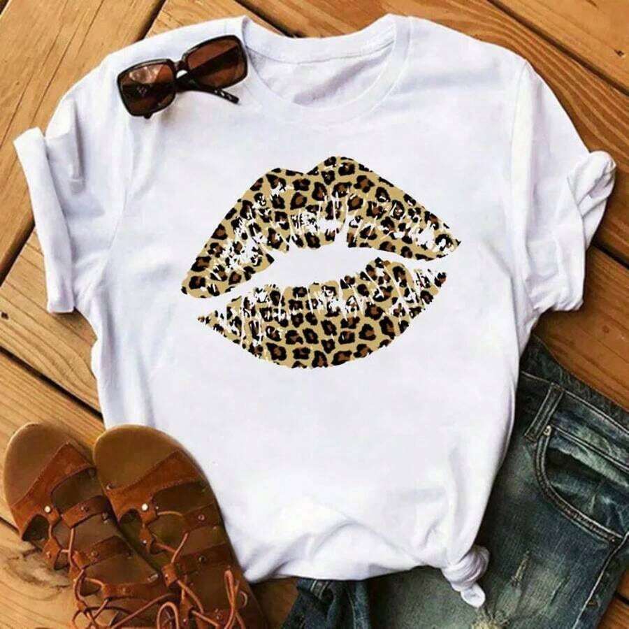 New Women's T-Shirt With Pink Lips And Leopard Print, Casual Style, Round Neck, Sexy, Black, With Kiss Design, Fun, For Girls, Dropshipping - 彩色 - 查看 1