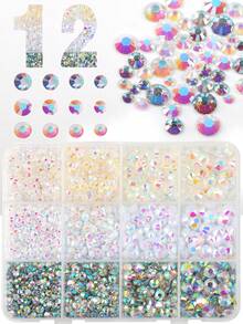 12格白色樹脂水鑽平底鑽飾套組 3mm 4mm 5mm，適用於美甲DIY手工、珠寶、手機殼裝飾、美甲飾品 - 白色 - 查看 1