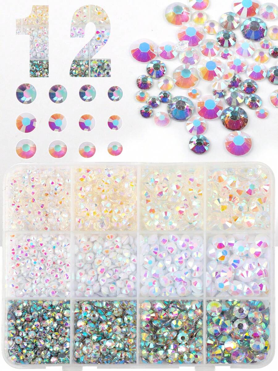 12格白色樹脂水鑽平底鑽飾套組 3mm 4mm 5mm,適用於美甲DIY手工、珠寶、手機殼裝飾、美甲飾品 - 白色 - 查看 1