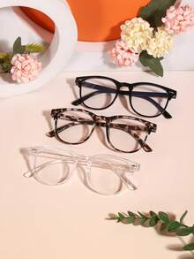 3 Pairs 7-12 Years Old Boys & Girls Classic Square Frame Fashion Glasses, Glossy Tortoise Shell Pattern Polycarbonate Frame, Transparent Clear Lenses, Lightweight & Comfortable, Academic Style, Comes With Glasses Case, Suitable For Daily School Wear - Multicolor - View 3