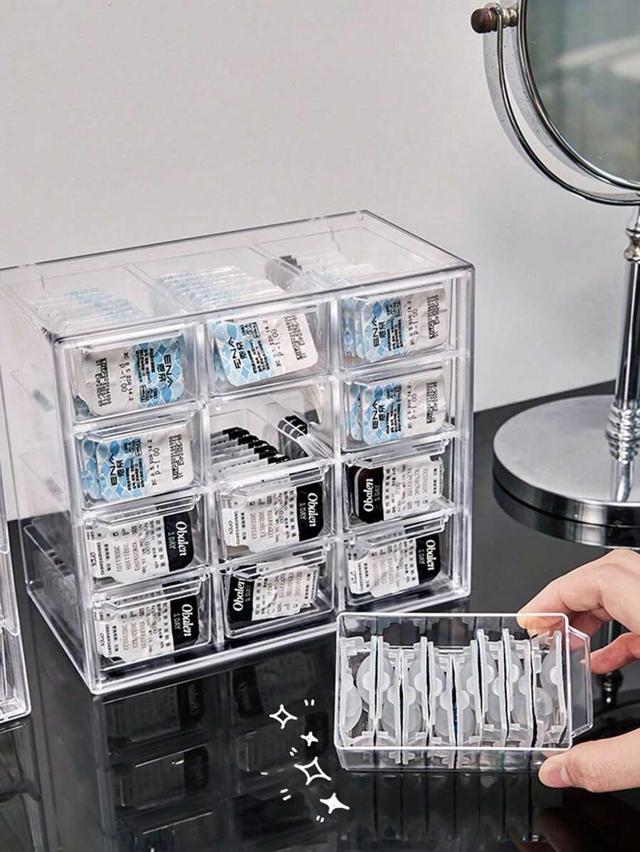 1pc Transparent Multi-Grid Contact Lens Storage Box, Acrylic Material, 6/9/12 Grid Design, Drawer-Style Jewelry Storage Box, Dust-Proof Desktop Organizer For Earrings, Rings, Necklaces And Other Small Accessories - Clear - View 1