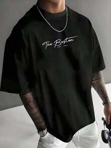 Una camiseta de manga corta holgada para hombre, con estampado de letras de Boston, adecuada para vacaciones, trabajo y uso diario. - Negro - Ver 7