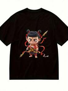 Short-Sleeved T-Shirt With Nezha Cartoon Pattern Print, Round Neck, Comfortable And Breathable Fabric, Casual Sporty Style, 100% Cotton Men's T-Shirt, Birthday Gift, Holiday Gift - 黑色 - 查看 2