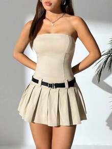 PETITE Vestido corto de verano con tubo sólido, dobladillo plisado y cinturón - Albaricoque - Ver 5