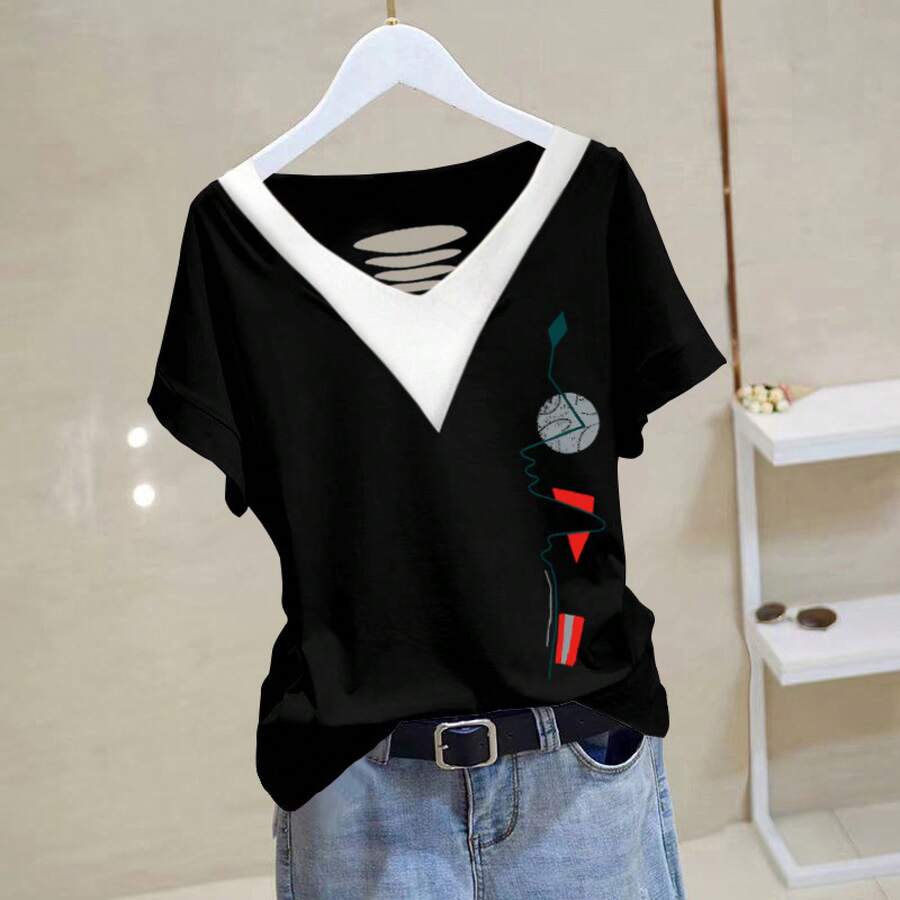 Short-Sleeved Top With V-Neck And Openwork Design, 100% Pure Cotton For Women, New Summer Style, Versatile, Loose And Elegant, Plus Size, With Contrasting Color Design. - 黑色-601[右紅] - 查看 1