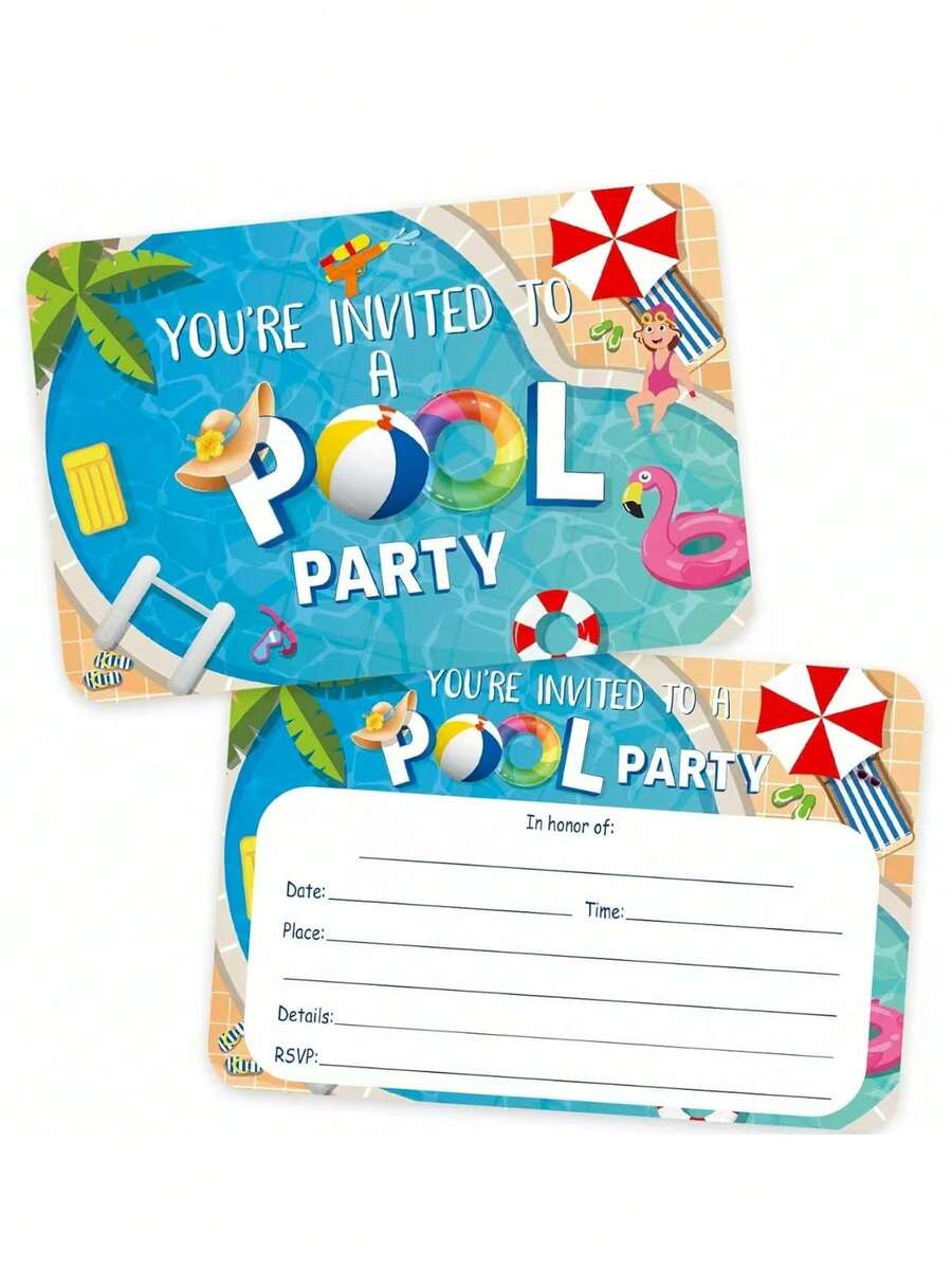 24pcs/1pc Pool Party Invitation Cards - Summer Pool Theme Design Invitation Cards, Perfect For Inviting Guests To Holiday Gatherings And Special Occasions, Suitable For Birthday Parties, Beach Vacation Parties, Hawaiian Theme Parties, Theme Parties And More. - One Size Fits All - View 1