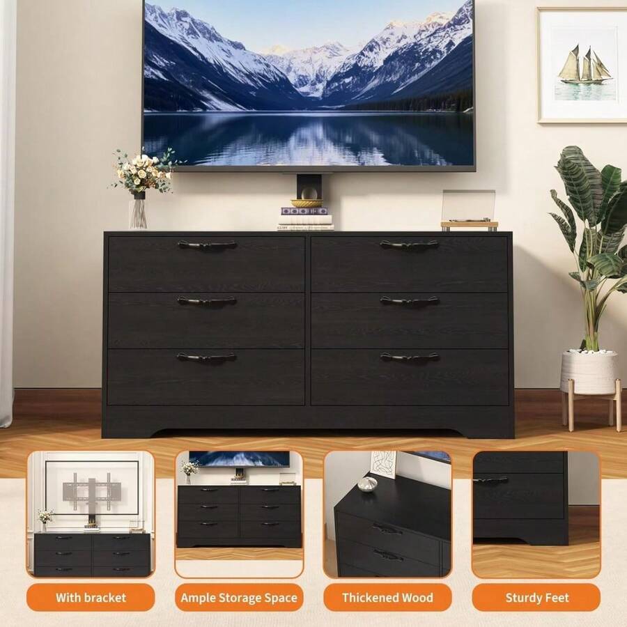 Diseño elegante y funcional - Mueble TV moderno con soporte, centro de entretenimiento de 120 cm, cómoda de 6 cajones de ratán para TV de 32-85", gran capacidad de almacenaje - Negro - Ver 1