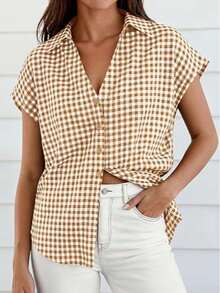 Puff Sleeve Striped Ruffle Blouse V Neck Button Front Summer Top Chic Casual Work Office Outfit For Women - 卡其格子 - 查看 3