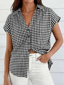 Puff Sleeve Striped Ruffle Blouse V Neck Button Front Summer Top Chic Casual Work Office Outfit For Women - 黑色格子 - 查看 3