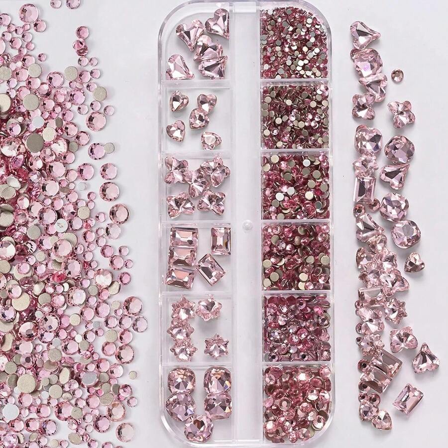 12 Pieces Of 3D Clear Crystal Nail Stickers Mixed With Oval Diamonds, Butterflies, Hearts And Round Rhinestones For Nail Decoration. - 中紫紅色 - View 1