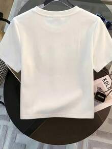 女款休閒圓領短袖T恤，波點、字母與愛心印花，通勤百搭，春夏季白色 - 白色 - 查看 5
