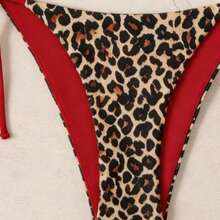 Leopard Print Triangle Bikini Set For Women Red Contrast Tie Side Halter String Swimwear Beach Vacation Animal Print Bikini,Going Out Top - Brown - View 5