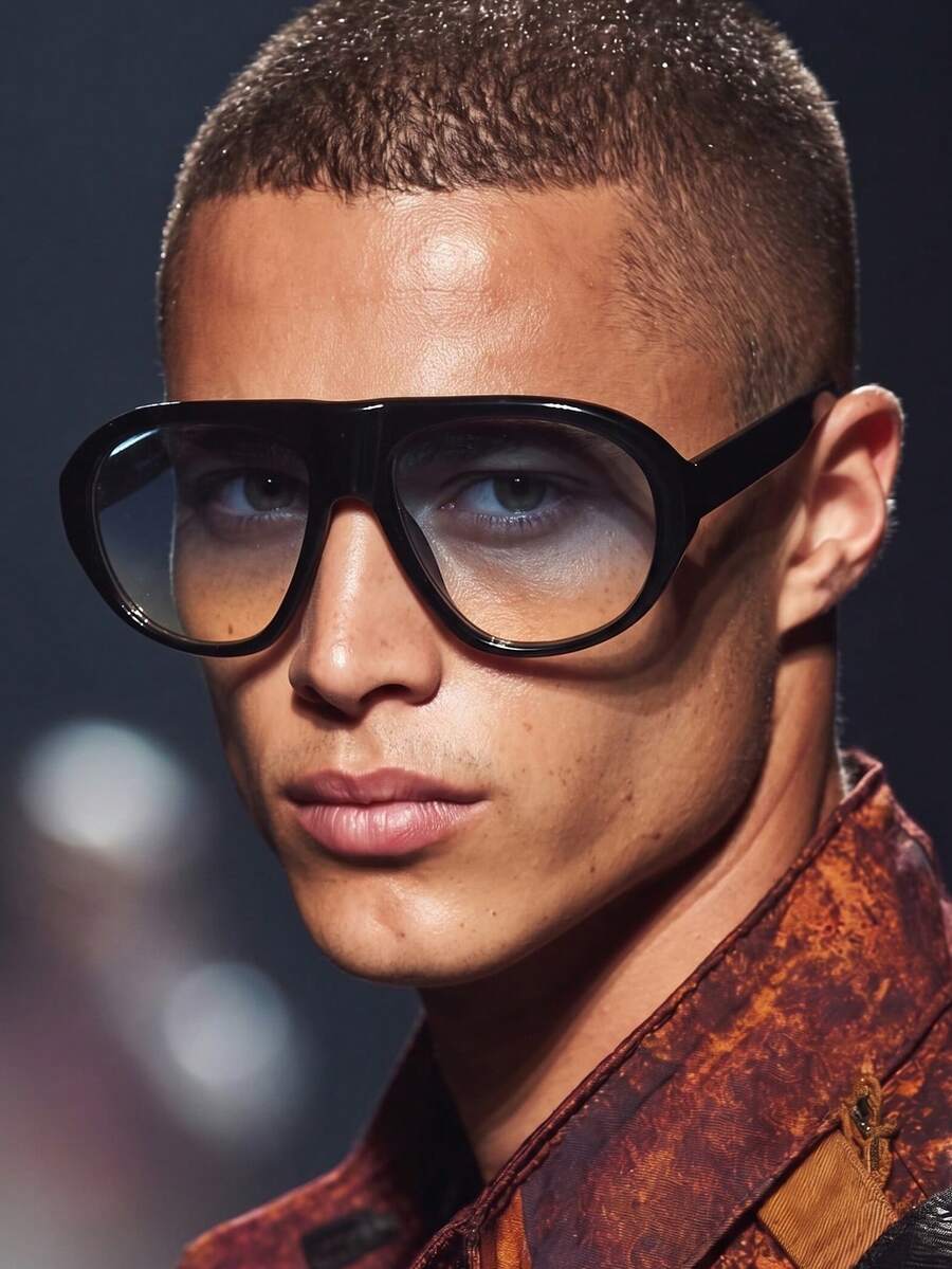 1 Pair Men's Large Frame Fashion Personalized Glasses, Suitable For Fishing, Beach Vacation, Street Photography - Glossy Black - View 1