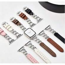 1 pezzo Cinturino per orologio unisex creativo, moda casual, cinturino in metallo e pelle vera di lusso personalizzato, adatto per Apple Watch Ultra/SE/11/10/9/8/7/6/5/4/3/2/1 Serie 38mm 40mm 41mm 42mm 44mm 45mm 49mm, cinturino in pelle morbida, regolabile, accessorio per smartwatch - nero - Visualizzare 2