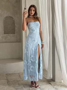 Vestido con abertura alta de tela texturizada sin tirantes para mujer, primavera/verano - Azul - Ver 3